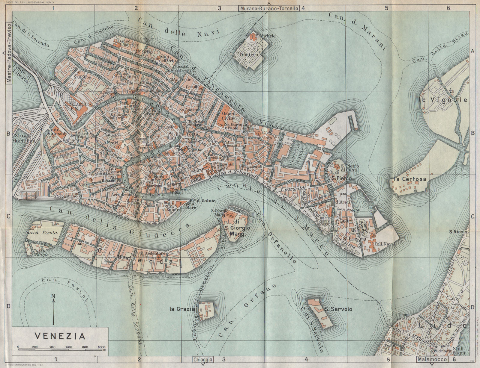 VENEZIA VENICE vintage town city map plan pianta della città. Italy 1958